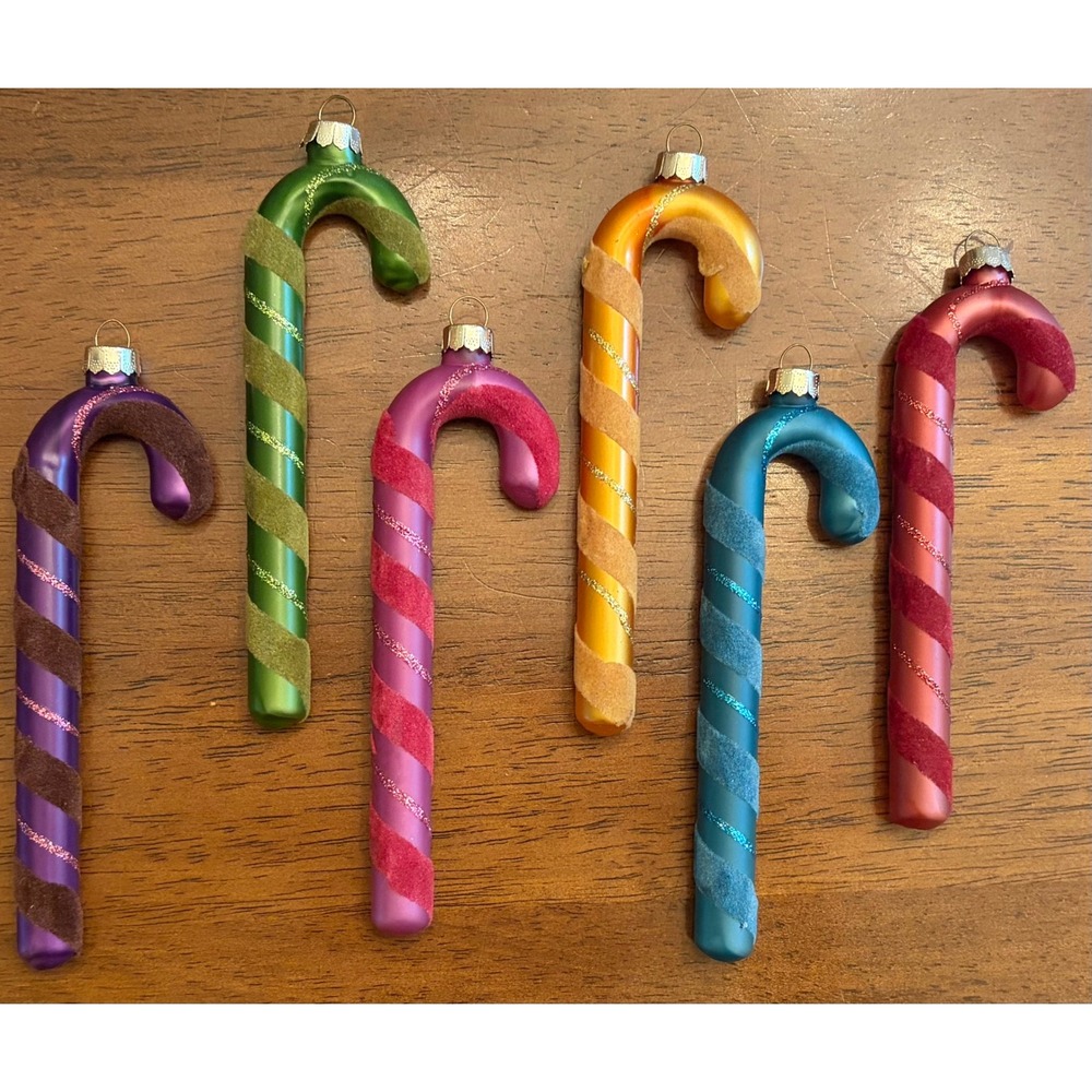 Vintage Rauch Glass Candy Cane Christmas Ornaments Set 6 Jewel Tone Flocked